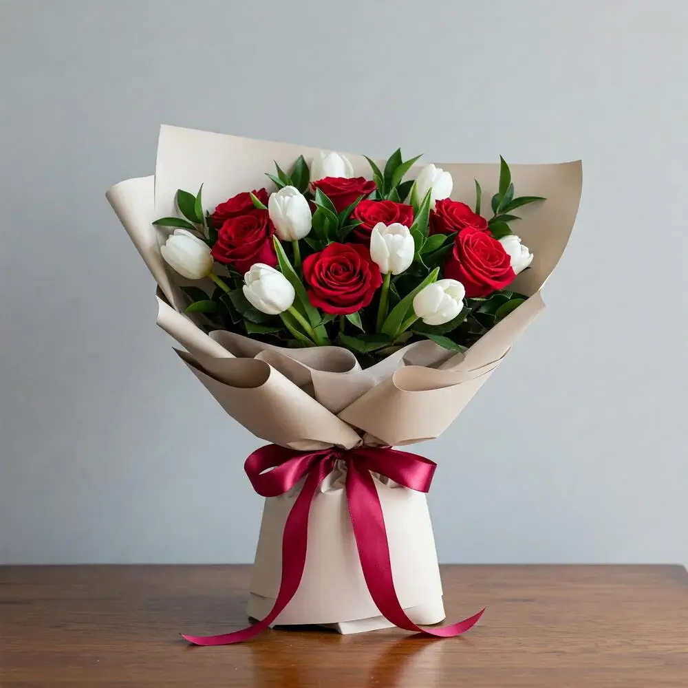 White tulips and red roses bouquet with greenery